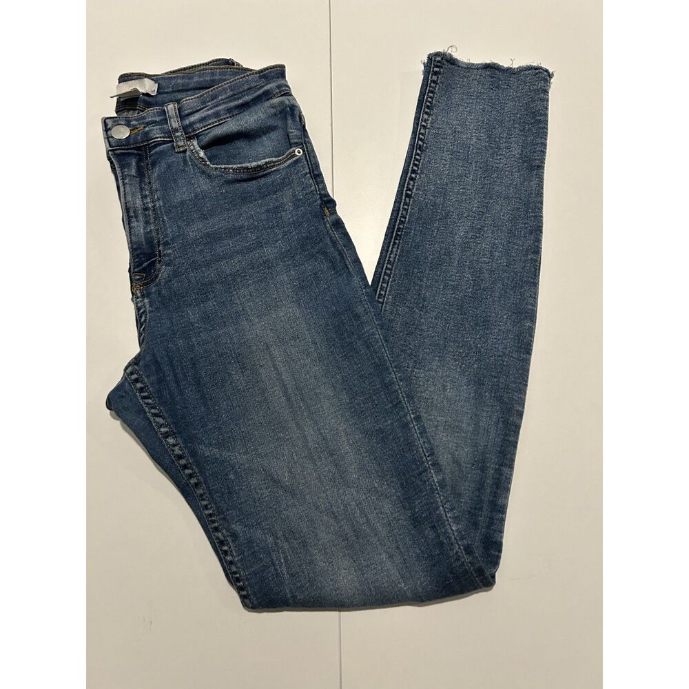 H&M Blue Denim Medium Wash High Rise Stretch Ankle Fray Skinny Jeans Size 4